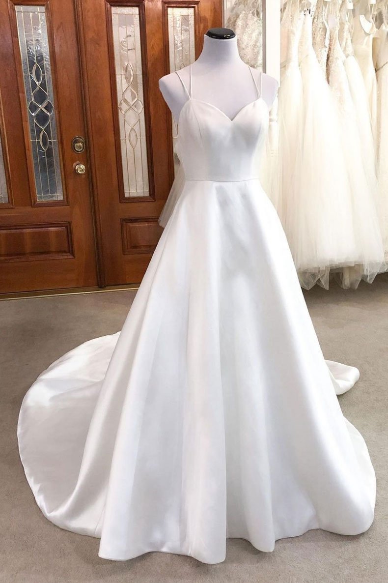 long prom dress Simple white v neck satin long wedding dress white bridal dress cg14526