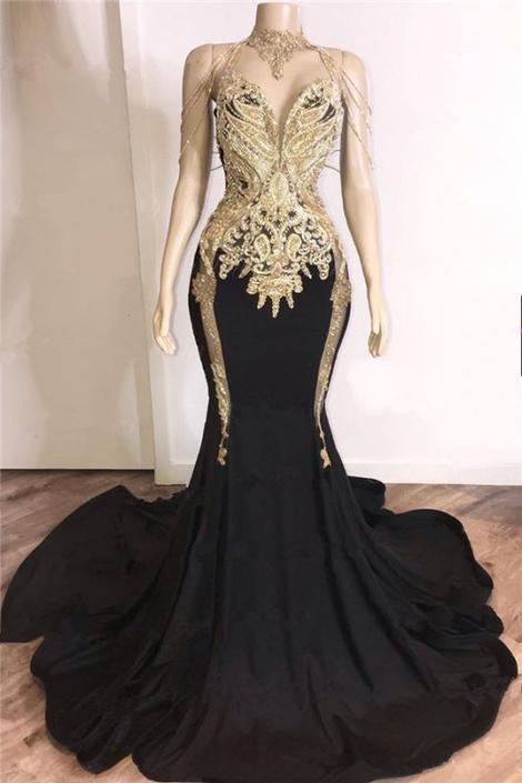 Black Girl Prom Dresses Gold Crystals Appliques Black Prom Dresses Cheap | Sleeveless Mermaid Sexy Evening Gowns cg14670