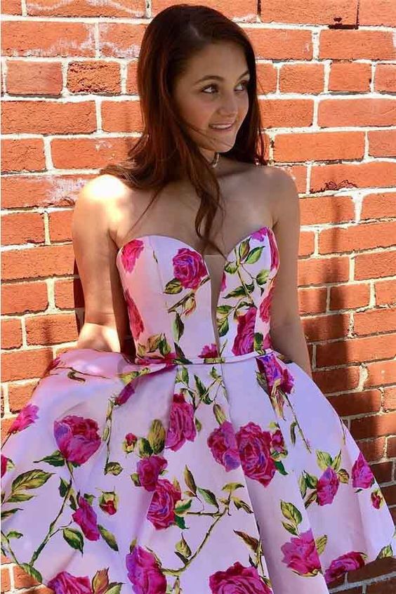 A-line Princess Sweetheart Short Pink Floral Homecoming Dress cg1476
