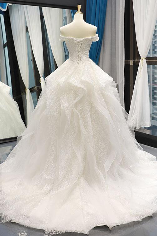 White tulle lace off shoulder long prom dress white lace wedding dress cg15041