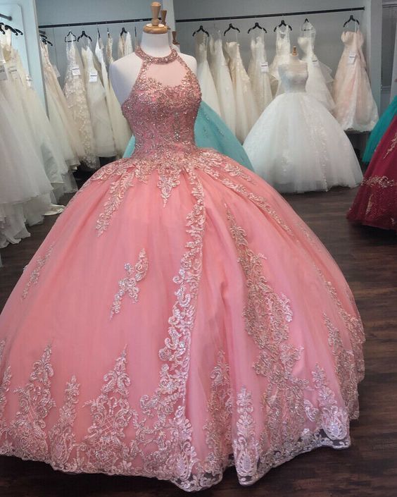 Pink Halter Ball Gown Dress, Lace Prom Dress cg15224
