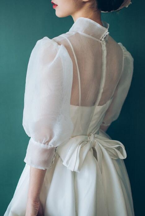 Vintage A-Line Bubble Sleeve Tea Length Wedding Dresses Prom Dress,Evening Dress cg15271