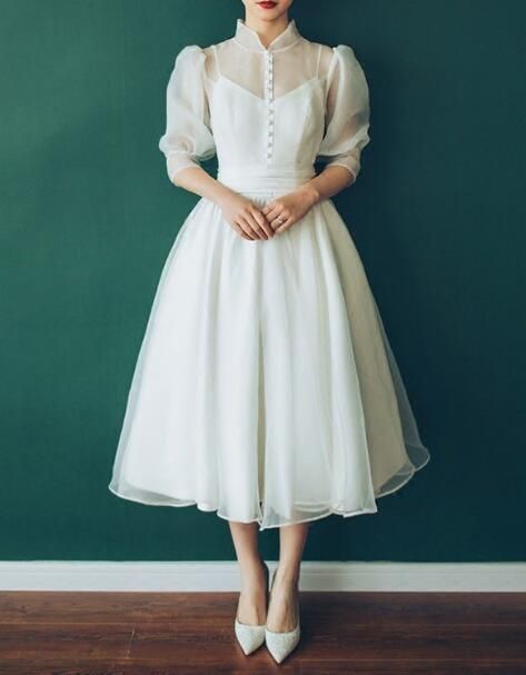 Vintage A-Line Bubble Sleeve Tea Length Wedding Dresses Prom Dress,Evening Dress cg15271