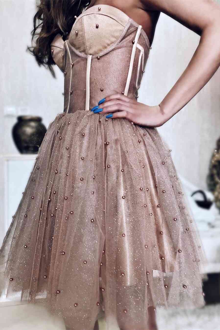 Sparkly Beaded Strapless Dusty Rose Homecoming Dress cg15549
