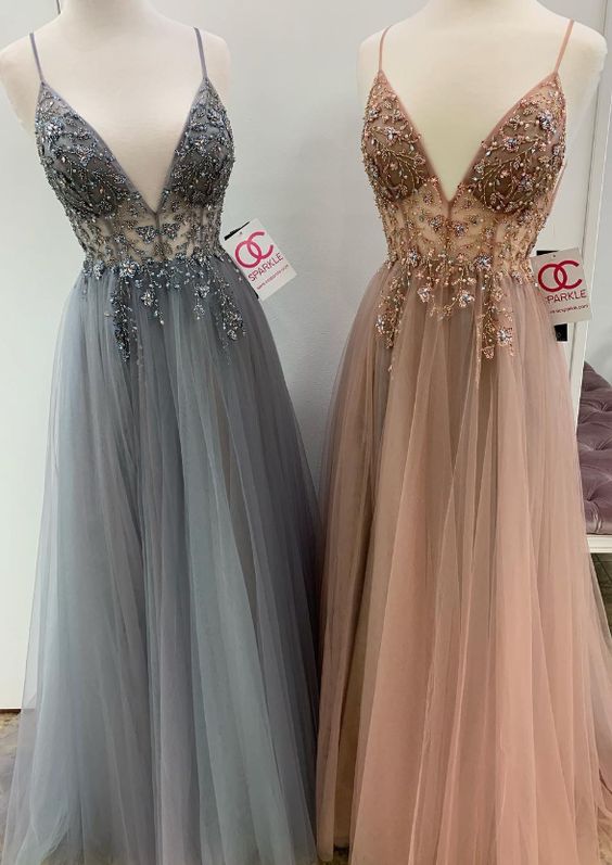 Sexy Straps V Neck Grey Long Evening Dresses, Champagne Prom Dresses Evening Dresses cg1563