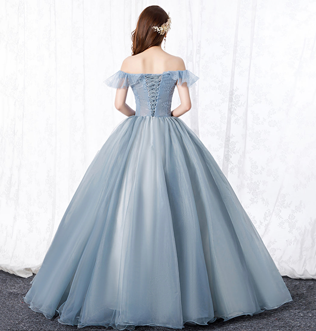 GREY TULLE LACE LONG PROM GOWN A LINE EVENING DRESS cg15660