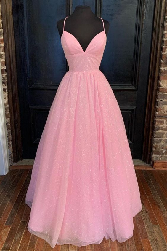 empire pink shiny tulle long prom dress cg15669