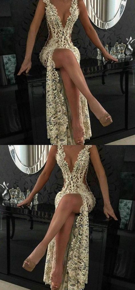 Custom Charming Gold Beading Lace Prom Dress,Sexy Deep V-Neck Evening Dress cg1568