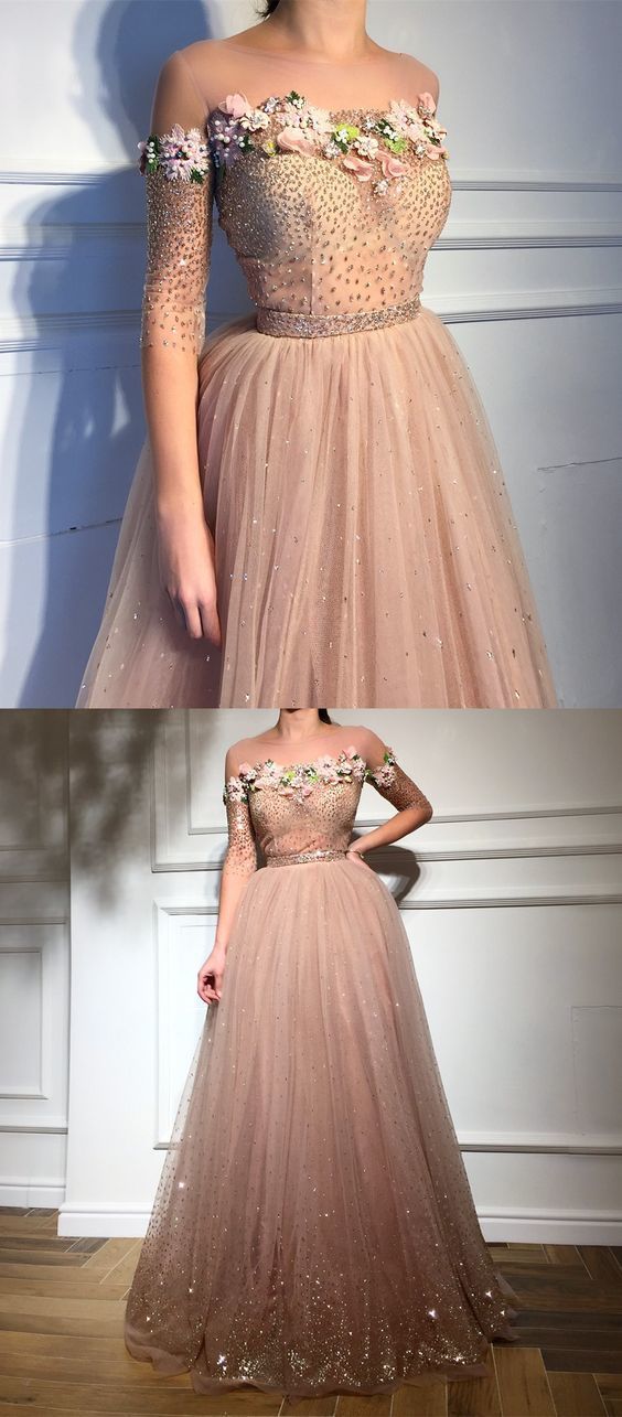 Elegant illusion neck blush formal prom dresses with beading flowers cg15700