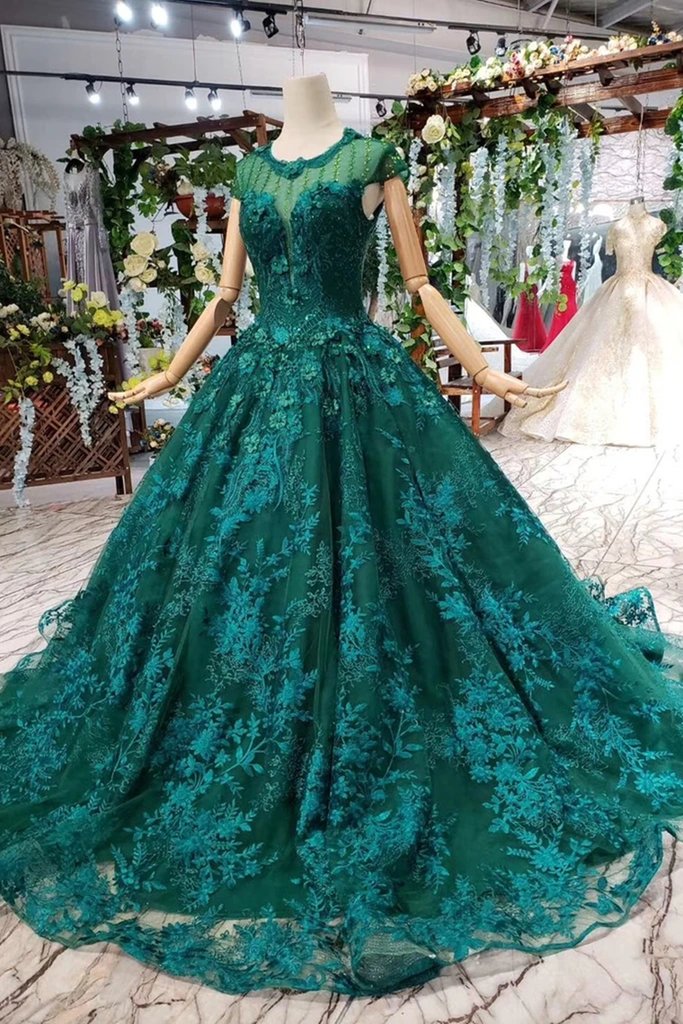 Cap Sleeves Round Neck Open Back Green Lace Prom Dress cg16147