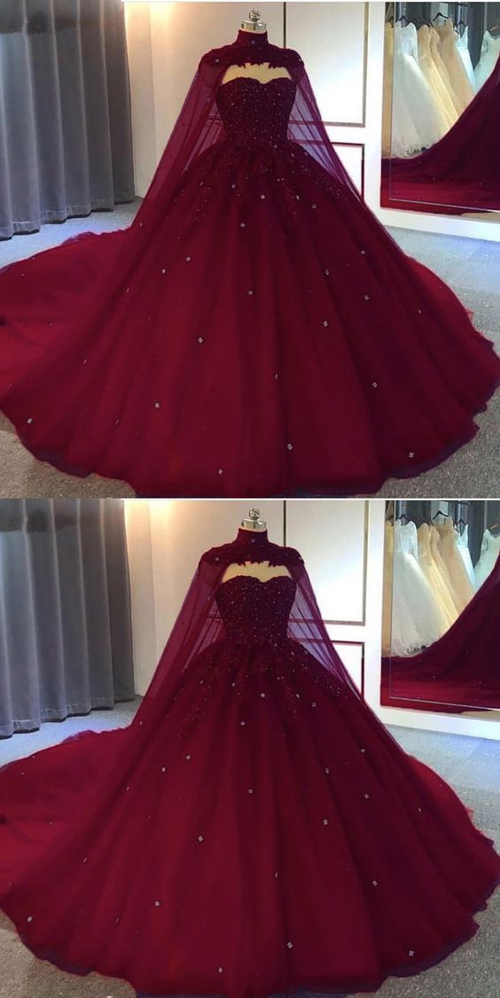 burgundy ball gown wedding dressTulle Prom Dresses cg16776