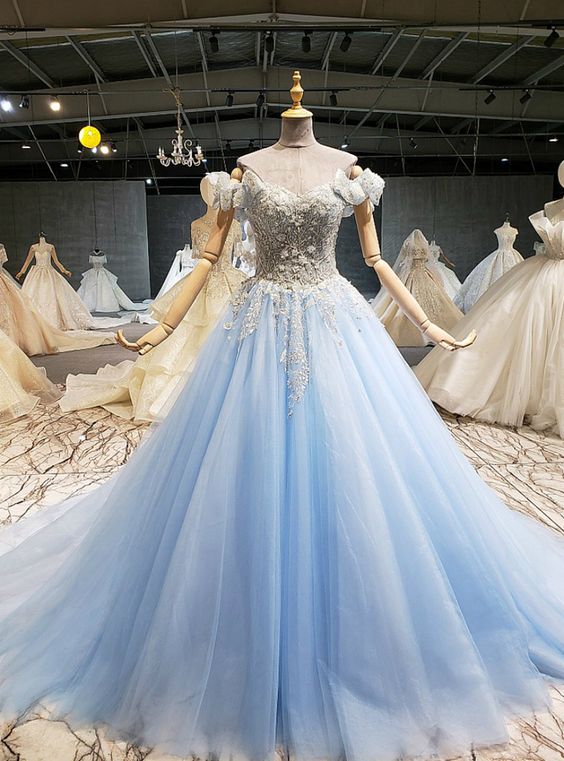 Sky Blue Tulle Off the Shoulder Beading Sequins Wedding Dress Prom Dress cg16791