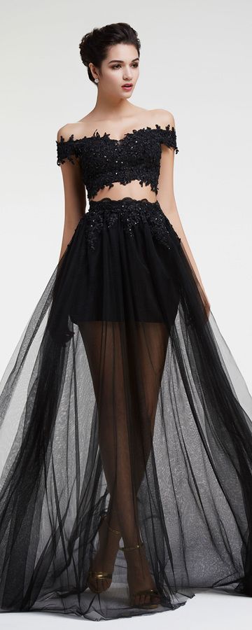 Black Lace Beaded Two Piece Prom Dresses cg1705