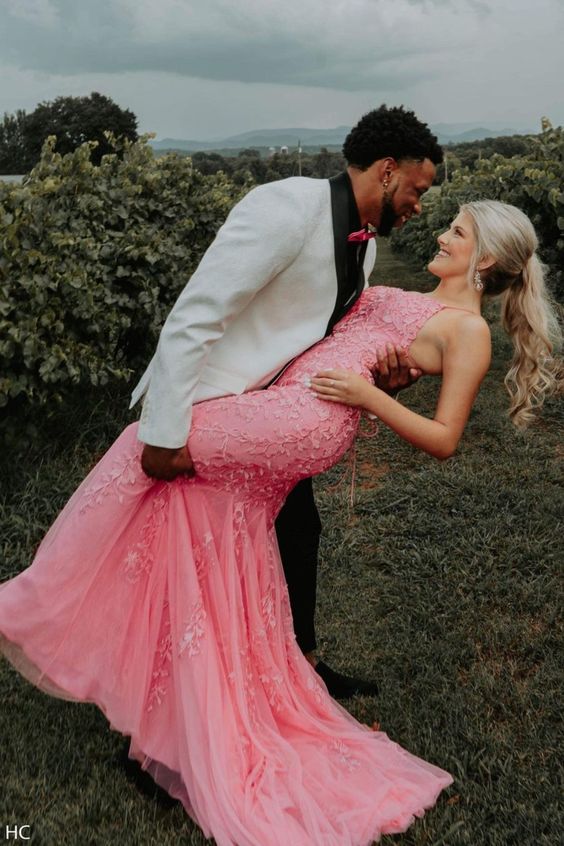 Mermaid Straps Long Lace Prom Dress with Lace-Up Back cg17191