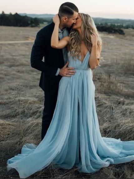 Prom Dresses Custom Made Pale Blue Boho Chiffon Wedding Dress with slits cg17461