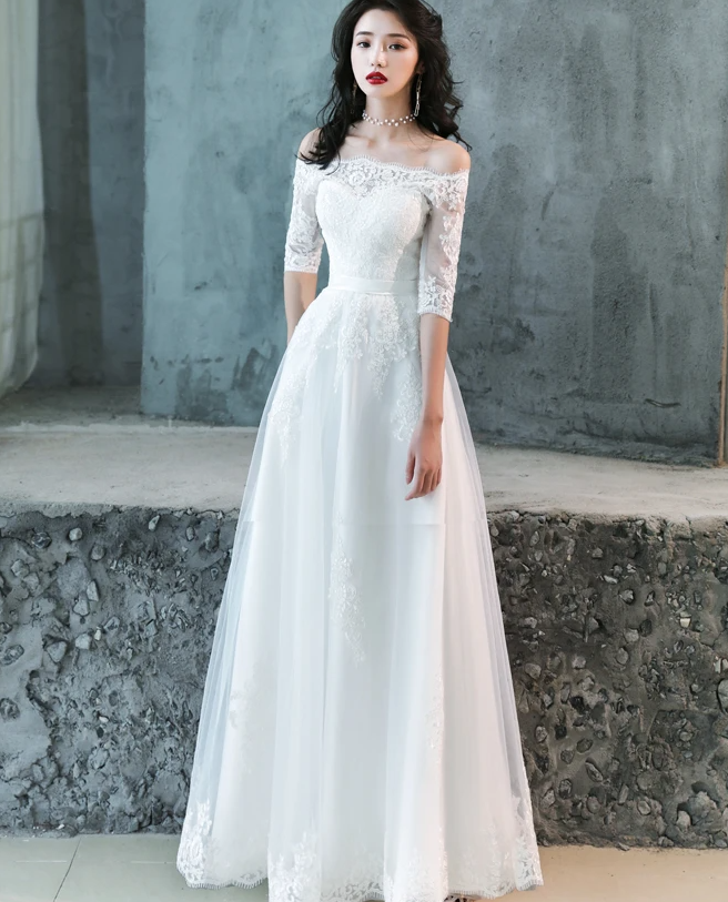 Charming Simple Tulle White Short Sleeves Wedding Dress With Lace, A-Line Party Dress prom dress A line evening dress cg17842
