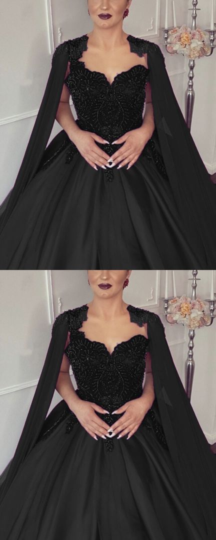 Unique black wedding dress with beaded corset and cape back prom dress cg18101