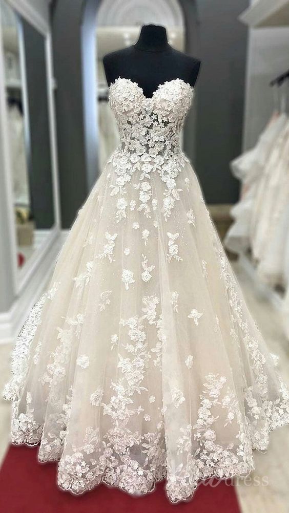 Strapless Champagne lace wedding dresses Prom Dress, Formal Gown cg18233