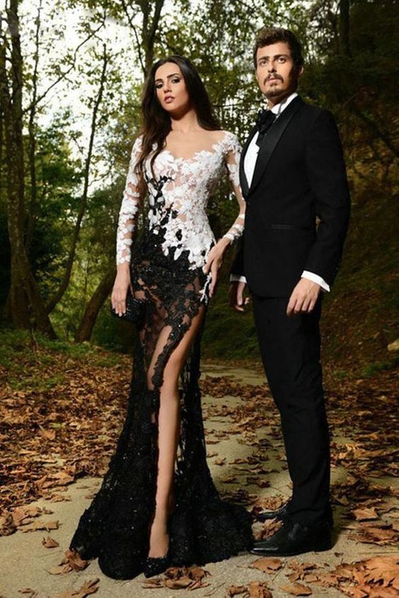 All See Through White Black Lace Mermaid Long Sleeves Sexy Prom Dresses Evening Dress cg1828