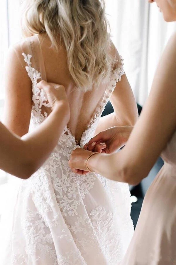 New Arrival V-neck Floral Organza Lace Bridal Dress Wedding Dress A-line Prom Dress cg18466