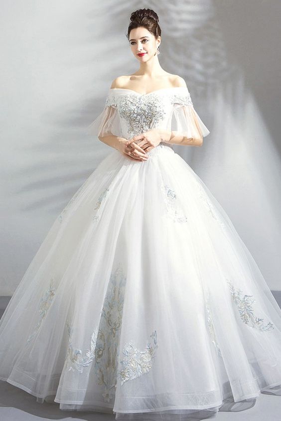 Fancy Embroidery Ball Gown Wedding Dress Princess With Off Shoulder Formal Prom Dress cg18675