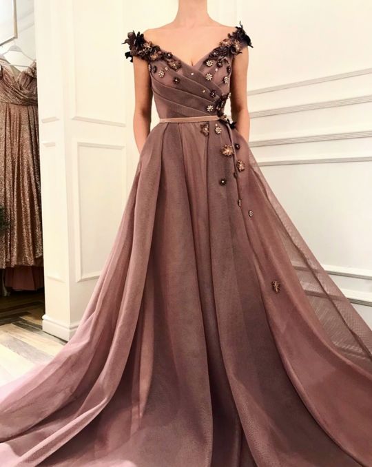 Charming V Neckline,Sexy Off Shoulder ,A Line Prom Dress , Floor Length,Sexy 3D Flower Applique cg16075