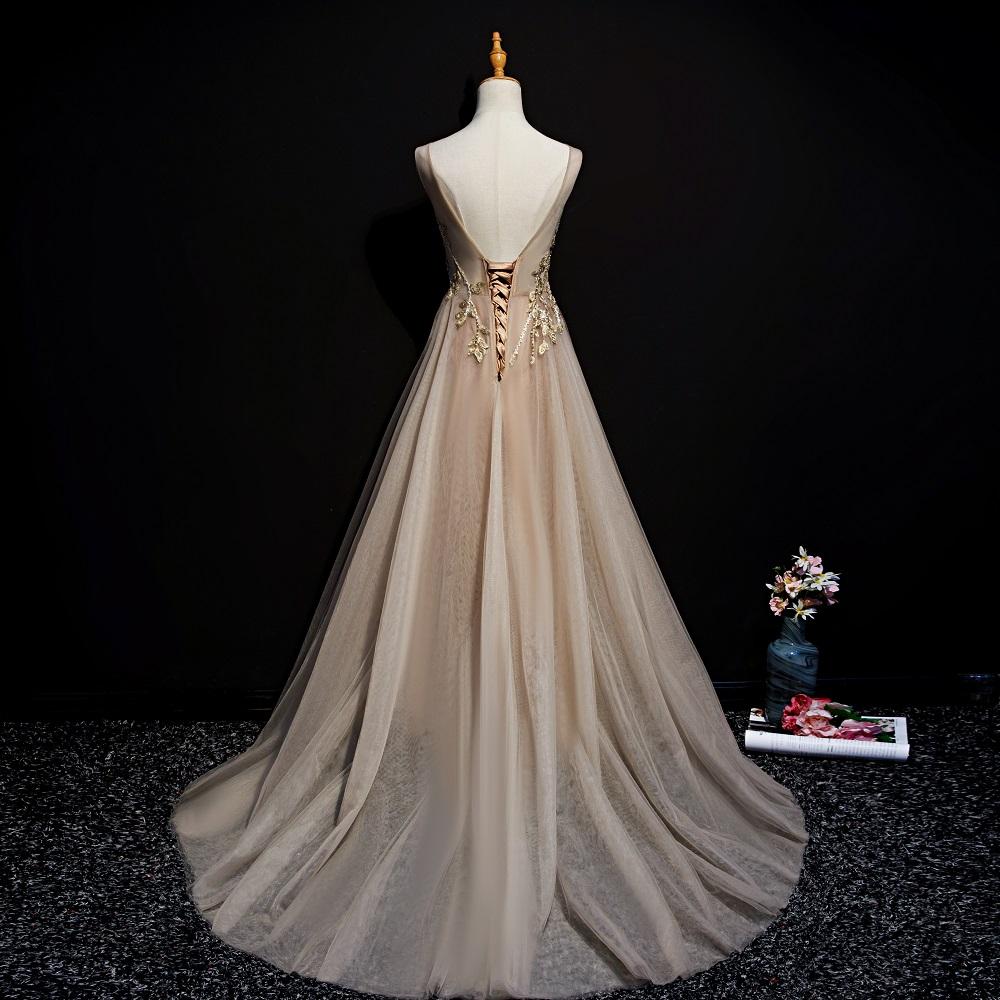 Champagne Tulle V-Neckline Long Lace Prom Dress, A-Line Formal Gown Party Dress cg19159