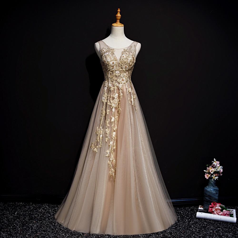 Champagne Tulle V-Neckline Long Lace Prom Dress, A-Line Formal Gown Party Dress cg19159