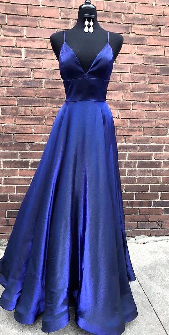 Simple Elegant A Line V Neck Spaghetti Straps Navy Blue Long Prom Dress cg1966