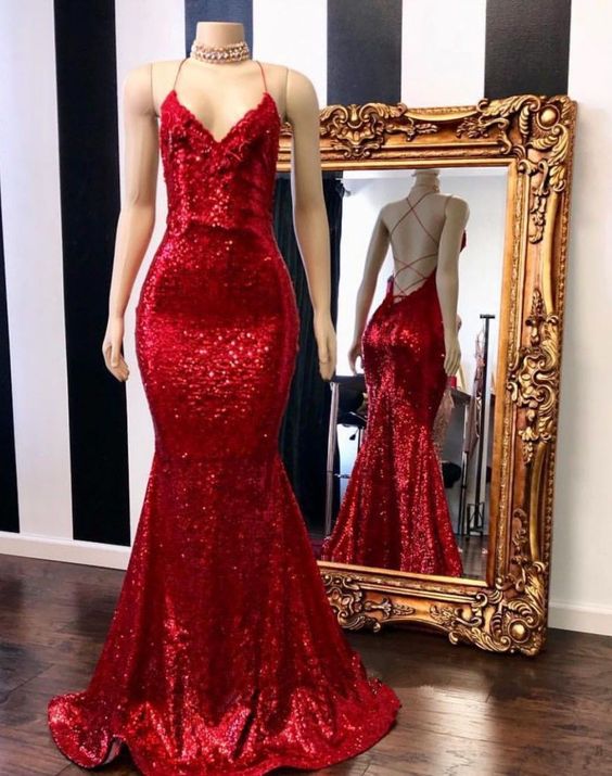 Red Sequin V-neck Spaghetti Straps Open Back Trumpet Prom Gown cg1976