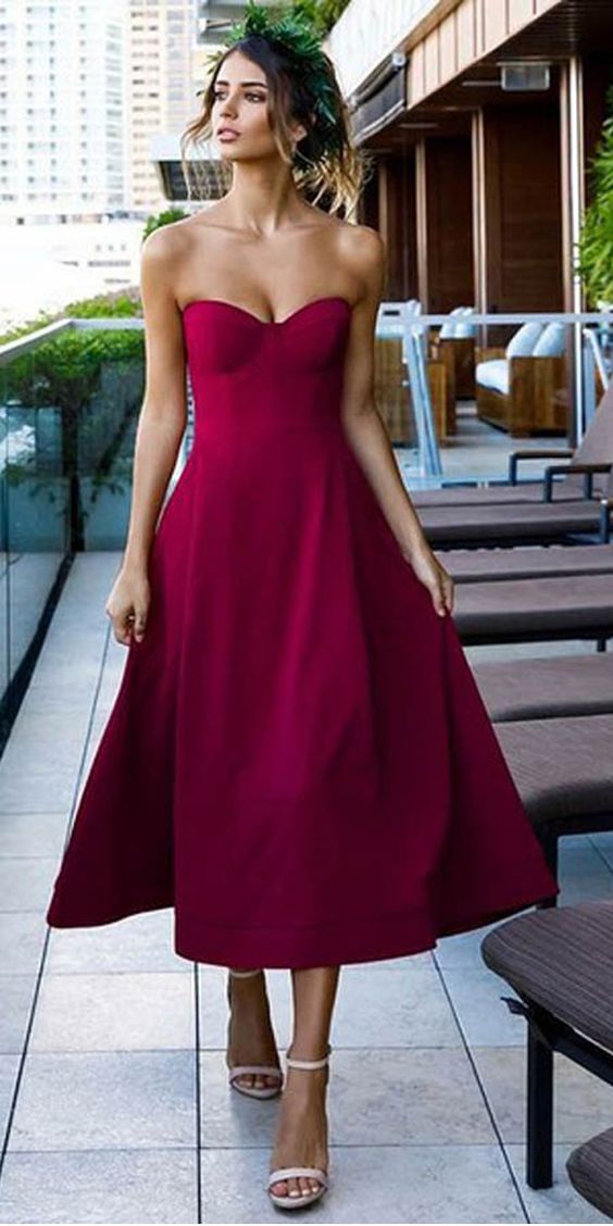 Cute Tea Length Grape Satin A-Line Sweetheart Prom Party Dress cg2015