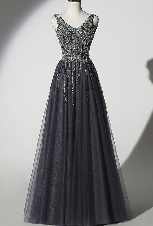 Stunning Beading Long Prom Dresses with Straps A Line Floor Length Black Prom/Evening Dress cg2038