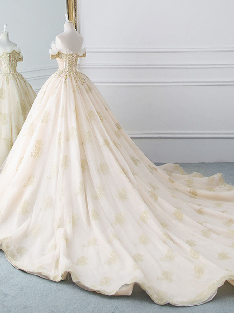 Princesse De Luxe Off The Shoulder Short Sleeve Beaded Sequins Appliques Luxury Princess Ball Gown Wedding Dress prom dress evening dress cg20437