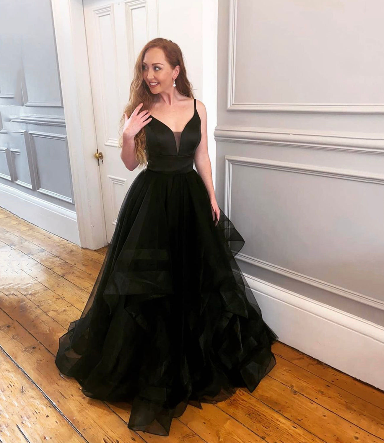 BLACK TULLE LONG A LINE PROM DRESS BLACK EVENING DRESS cg20529