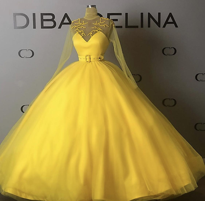 Yellow Ball Gown Prom Dresses Jewel Neck Tulle Pearls Belt Long Sleeve Evening Gowns Floor Length Sweet 16 Dress cg20541