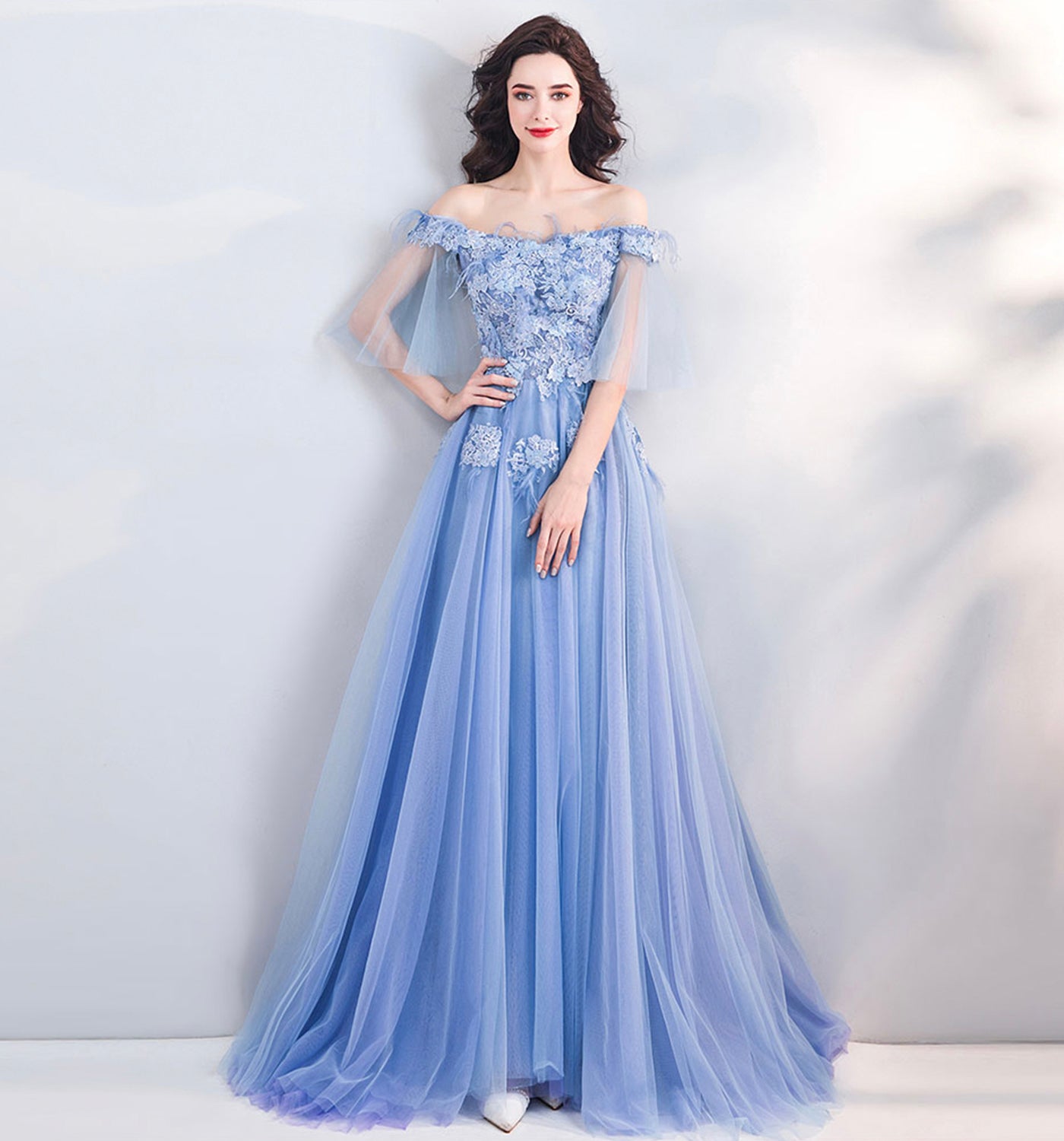 BLUE LACE LONG A LINE PROM DRESS BLUE EVENING DRESS cg20545