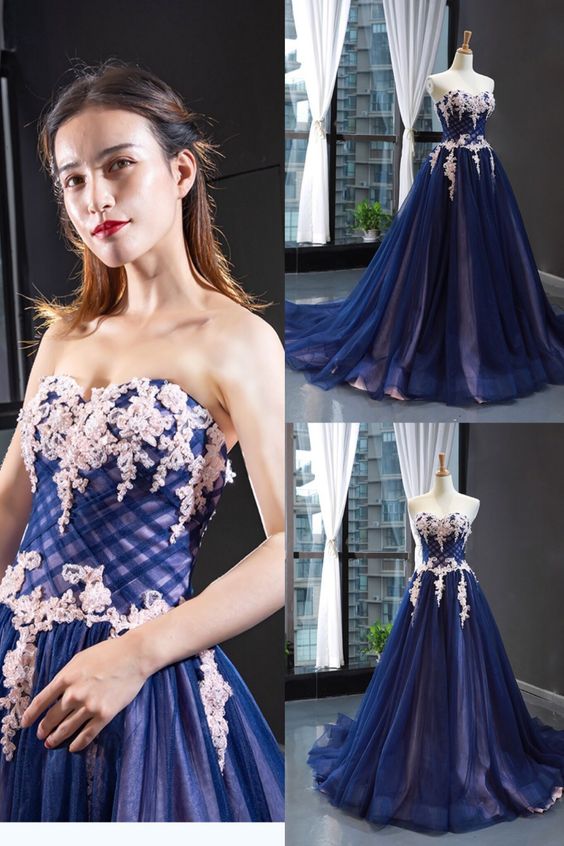 Long Prom Dress navy blue lace appliques formal dress cg20556