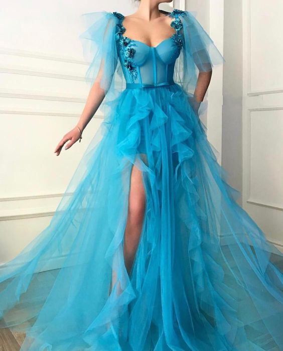 Flowers Ruffles Tulle High Slit Dubai Saudi Arabic Long Evening Gowns Prom Dress cg20592