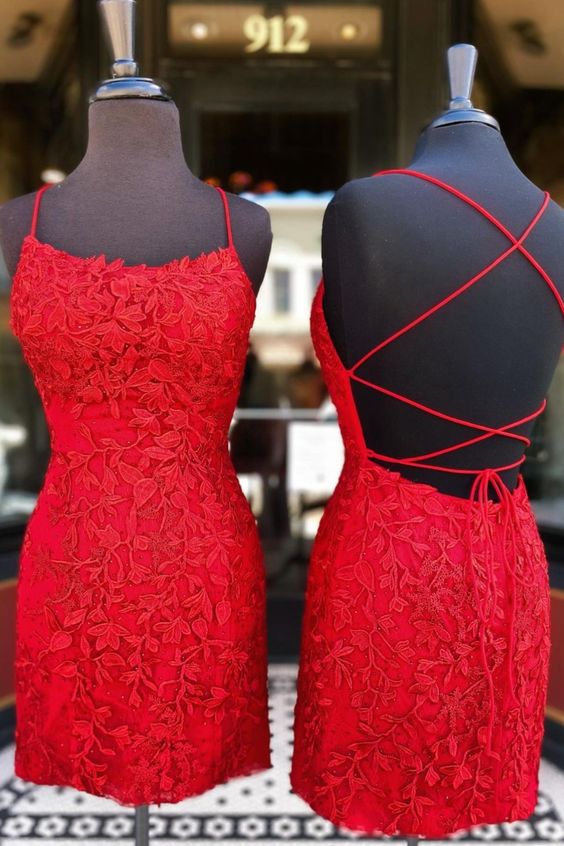 tight red lace appliques party dress homecoming dress with lace up back cg20605