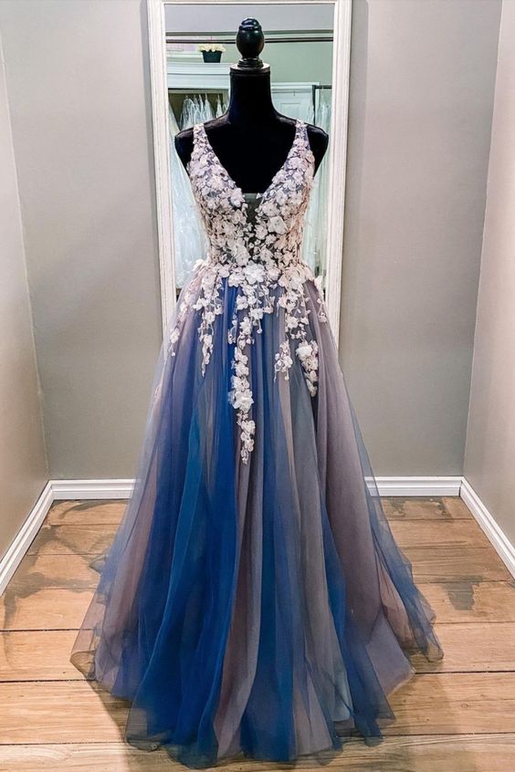 Princess A-line navy blue tulle and lace appliques long prom dress cg20664
