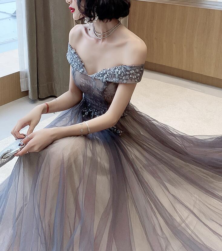 Dark Grey Tulle With Lace Applique Sweetheart Long Prom Dress, A-Line Off Shoulder Party Dress cg20678