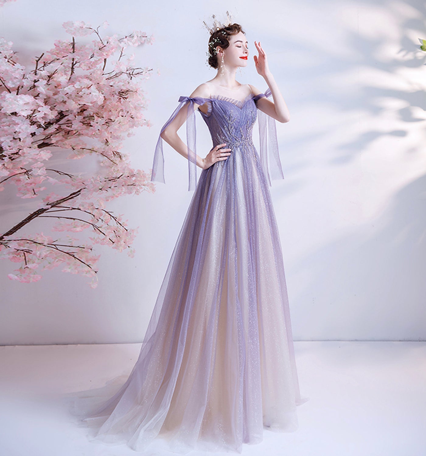 PURPLE TULLE LONG A LINE PROM DRESS EVENING DRESS cg20720