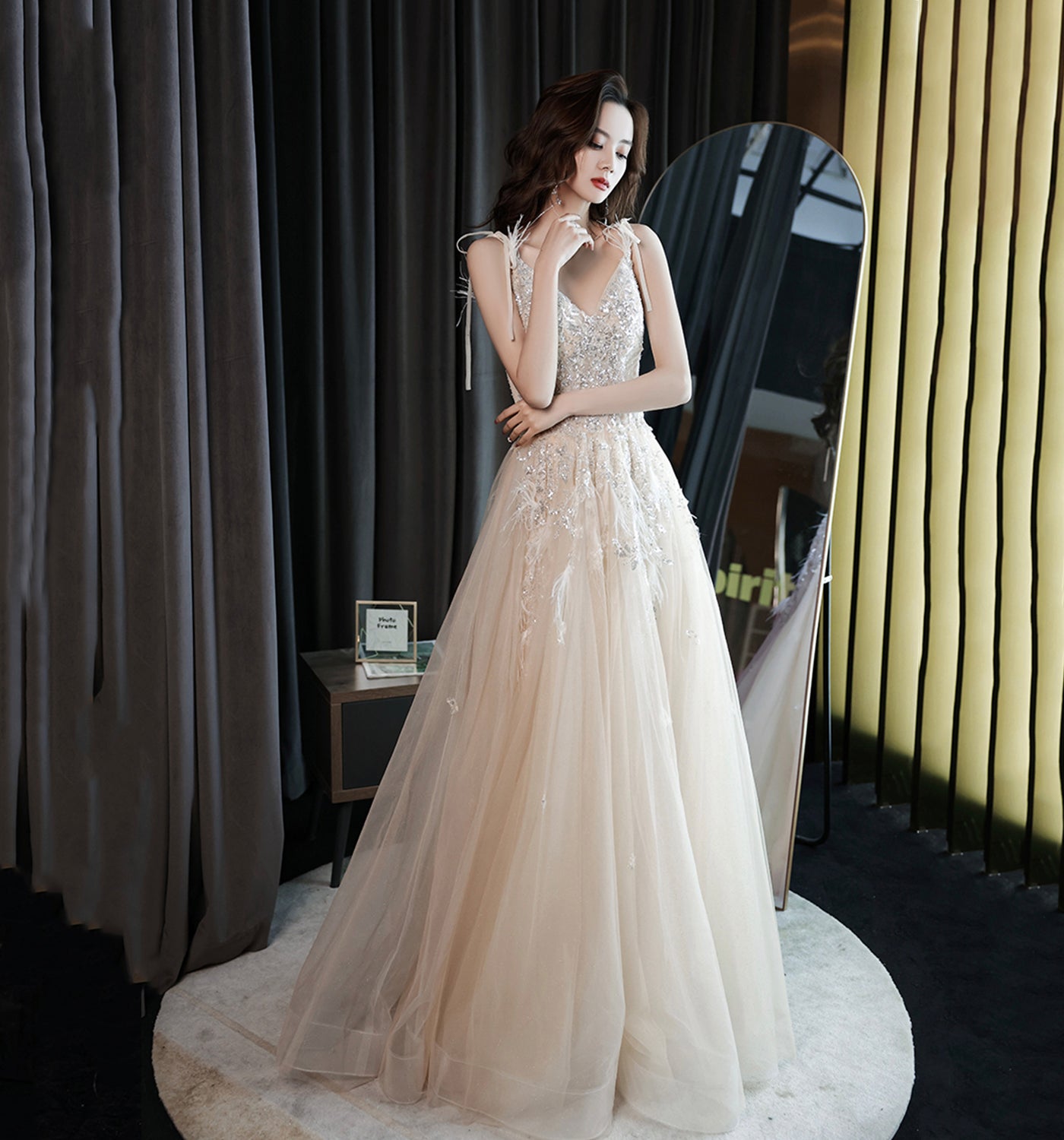 CHAMPAGNE V NECK TULLE BEADS LONG PROM DRESS EVENING DRESS cg20810