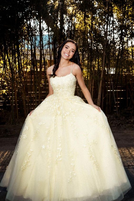 yellow long prom dress with appliques lace formal dress cg20814