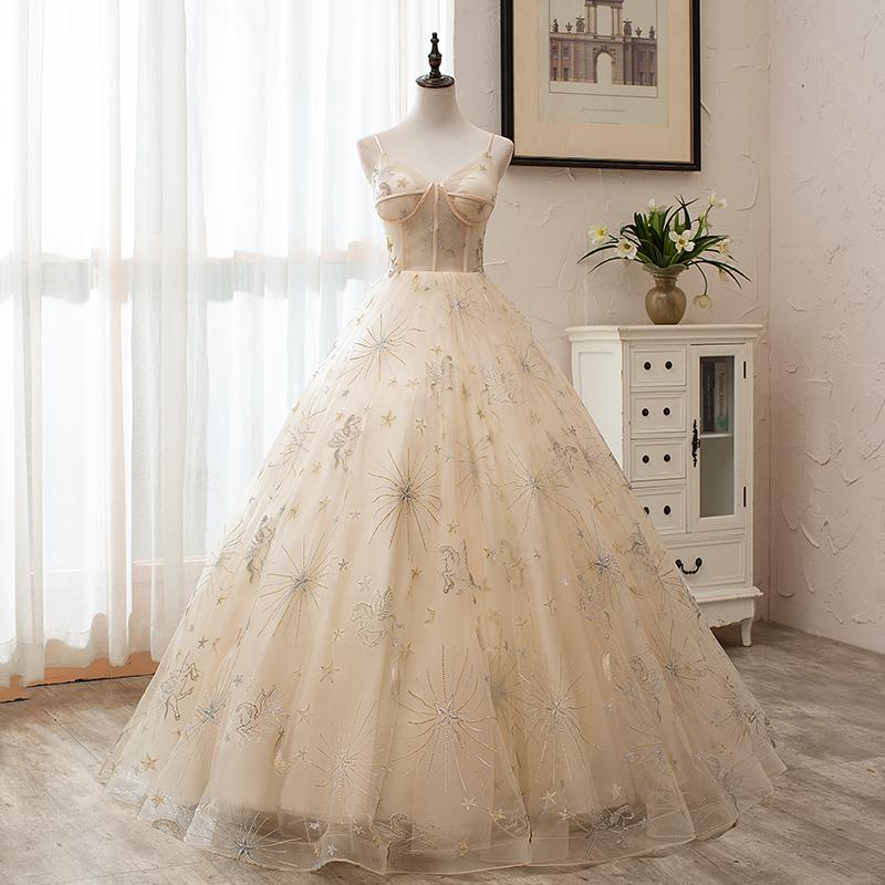 Light Champagne Tulle Ball Gown Straps Sweet 16 Gown, Ball Gown Long Formal prom Dress cg20822