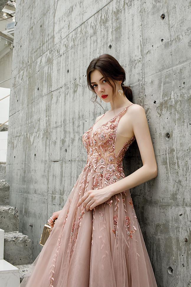 Beautiful Tulle A Line V Neck Pink Beads Straps Prom Dresses, Elegant Long Dance Formal Dress cg20824