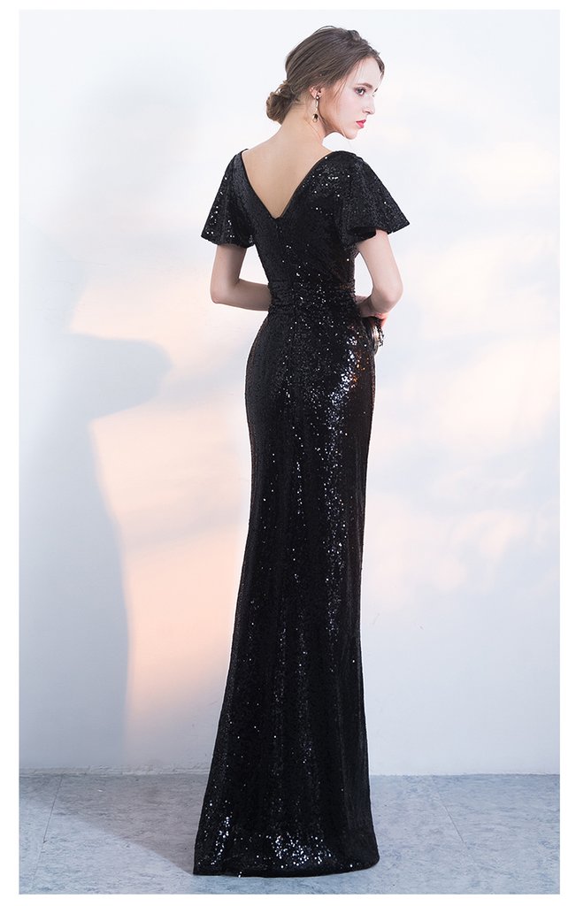 Black Sequins Cap Sleeves Long V-Neckline Bridesmaid Dress, Sequins Junior Prom Dress cg20825