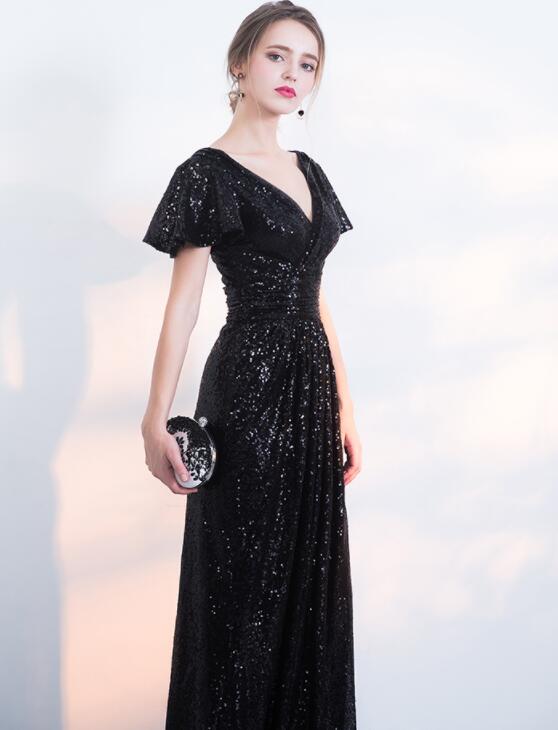 Black Sequins Cap Sleeves Long V-Neckline Bridesmaid Dress, Sequins Junior Prom Dress cg20825