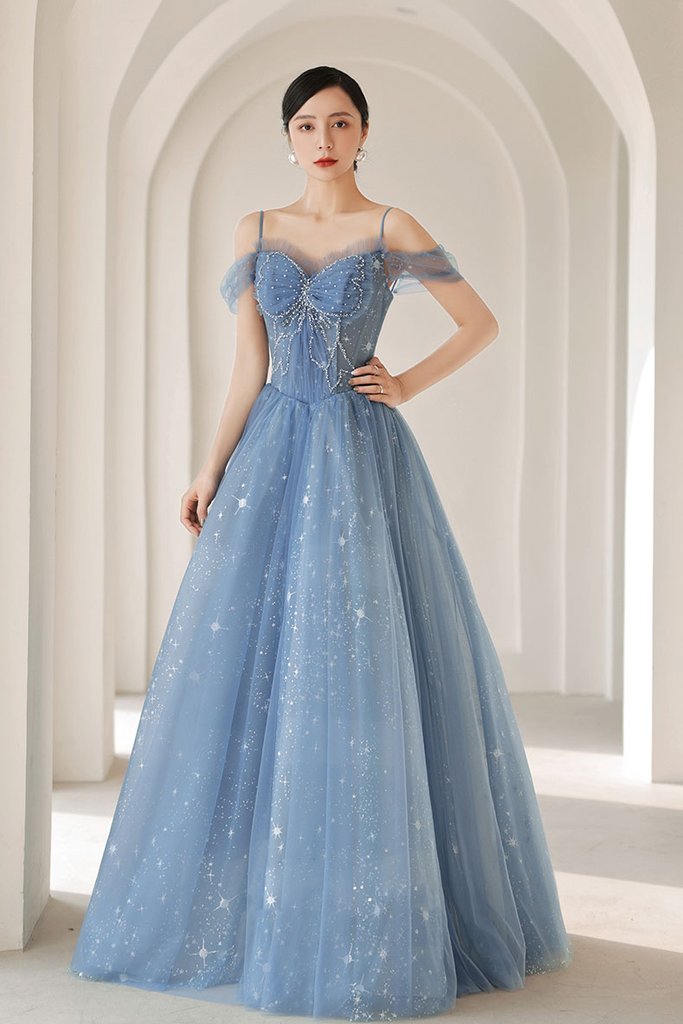 BLUE SWEETHEART NECK TULLE BEADS LONG PROM DRESS BLUE EVENING DRESS cg20833