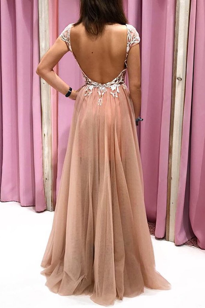 Cap Sleeves V Neck Open Back Champagne Lace Long Prom Dress cg20840